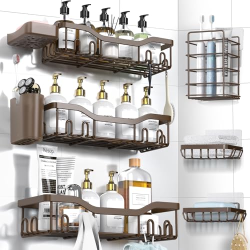 NESOMI Shower Caddy Adhesive Shower Organizer 8-Pack, Rustproof Stainless Steel Bathroom Shelves, Large Capacity No-Drill Rack Storage Accessories with Soap Dish Toothbrush Holder Hooks - color: Brown, size: 8-Piece Set