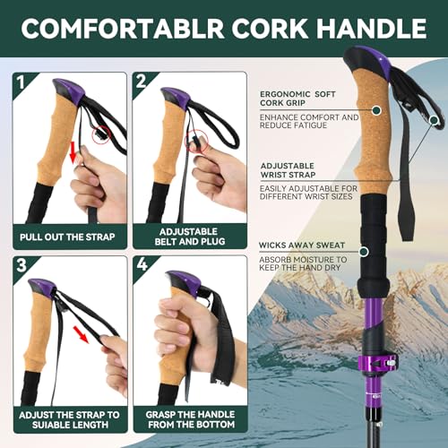 Carbon Fiber Trekking Poles, Lightweight Hiking Sticks with Cork Grip 2 Pcs - color: Purple