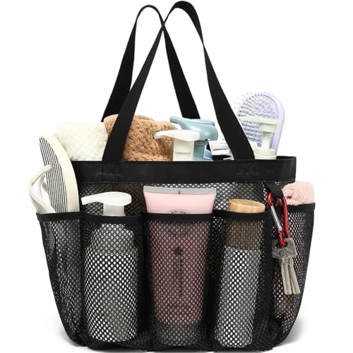 Fammart Mesh Shower Caddy Portable for College Dorm Room Essentials, Odorless Polyester Large Shower Tote Bag with Dual Handles, 8-Pocket Quick-Dry Toiletry Organizer for Travel, Beach, Camping, Gym - color: Multiple Pockets, 1 Pack - Dark Black