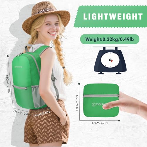 ZOMAKE Lightweight Packable Backpack, Foldable Small Travel Day Pack - color: Grass Green