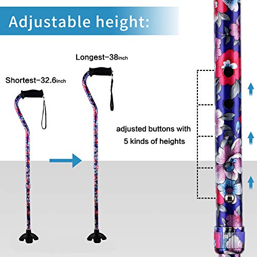 Elegant Walking Cane for Women, Foldable & Adjustable Cane for Seniors with Self-Standing Tip | Lightweight Mobility Aid for Stability & Balance Support - color: Blue&Red Floral Printed