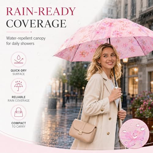 Manual Travel Umbrella with UPF 50+ UV Protection - color: PinkCrystalButterfly