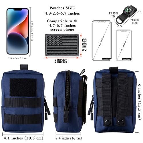 bvya Tactical Molle Pouch Multi-Purpose Compact Waist Pack Water-Resistant Small Utility EDC Pouch with Flag Patch for Molle Backpack, Mini Compass Included - color: Navy Blue(2 Pack)
