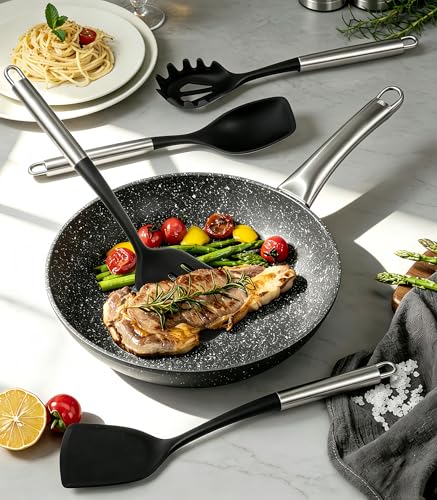 Large Silicone Cooking Utensils Set, 10Pcs Nonstick Kitchen Utensil Set with Stainless Steel Handle, BPA Free Spatula Set with Turners Spoon Ladle Skimmer(Black/Silver) - color: Black/Silver