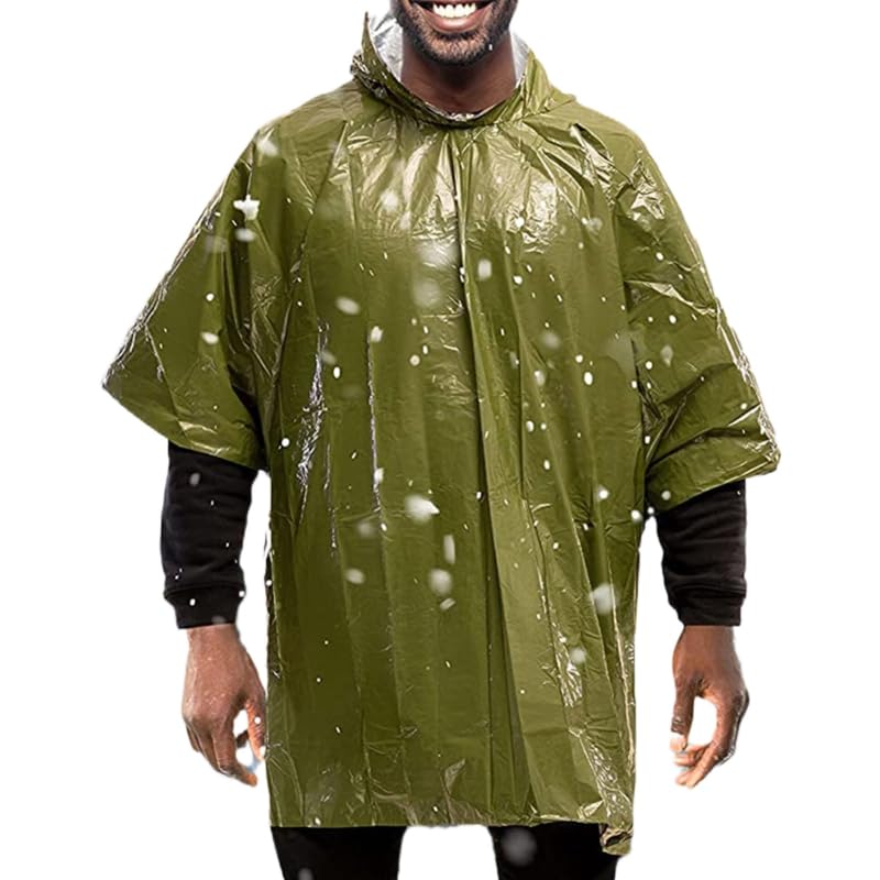 Emergency Poncho with Mylar Blanket Liner for Survival Gear, Waterproof, Wind-Resistant Green Rain Poncho for Outdoors, Camping, and Car Emergency Kits - Thermal Poncho- 4 Pack