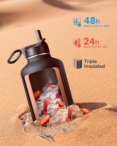 Coolflask Half Gallon Water Bottle Insulated with Straw & 3 Leakproof Lids - color: Magic Black, size: 64 Ounces