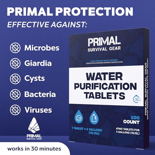 Water Purification Tablets- Water Purifier Tablets for Emergency Water - Hiking, Camping, Survival, Emergency – Drinking Water Filtration System Survival Tabs - Purificador De Agua - 100 Tablets - 4G - size: 15 Liters