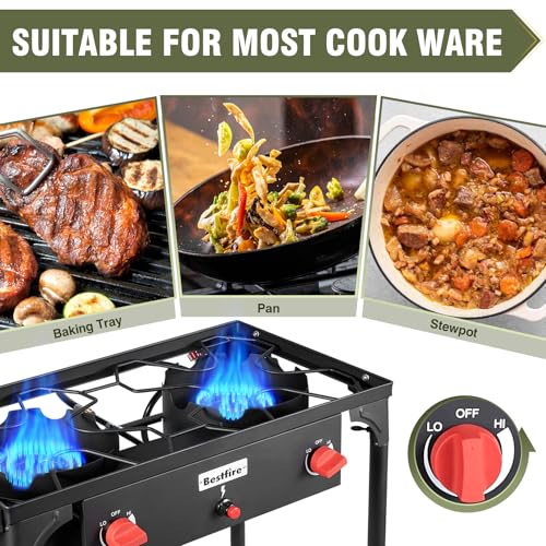 BESTFIRE 2 Burner Camping Stove,150,000 BTU High Pressure Outdoor Propane,4ft 20 PSI Adjustable Regulator Hose With Removable Legs for Backyard Cooking Camping Home - style: 2 burner Basic