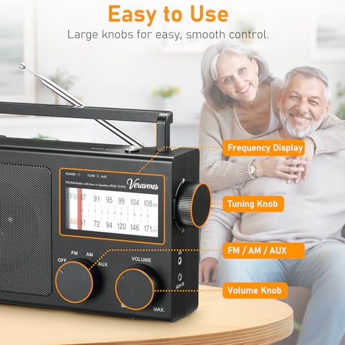 Portable AM/FM Radio with Bass Control, Equipped with a Built-in high-Power Speaker, Headphone Jack, and AUX Audio Input, Supports Battery or AC Power Operation (Black) - color: Black