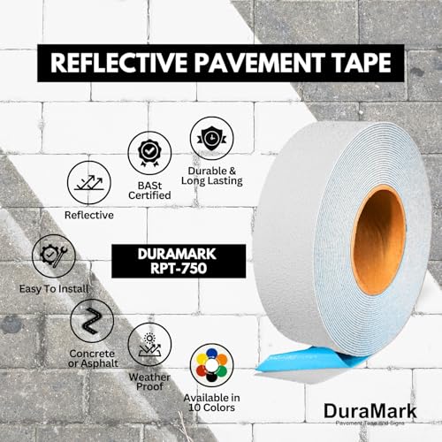 DuraMark RPT-750 Reflective Pavement Marking Tape, White, 2 in x 36 ft | Permanent rubber base bonds to asphalt and concrete; glass-bead reflectivity improves low-light visibility. - color: White, size: 2 Inch x 36 Ft