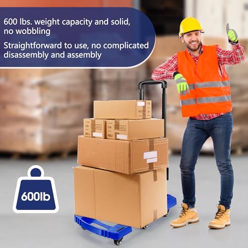 Voipvvii Folding Hand Truck 500lbs, Portable Heavy Duty Dolly Cart, 6 Wheels Collapsible Luggage Cart with 2 Elastic Ropes - Compact Trolley Cart for Easy Moving - Ideal Hand Cart for Travel and More - color: Blue