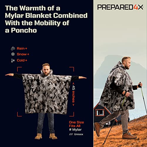 PREPARED4X Emergency Mylar Poncho – Survival Rain Poncho with Hood – Lightweight, Compact, Reusable Emergency Blanket Poncho for Hiking, Camping, Thermal Gear, Car Kit, Outdoors - color: Grey Camo 4-pack