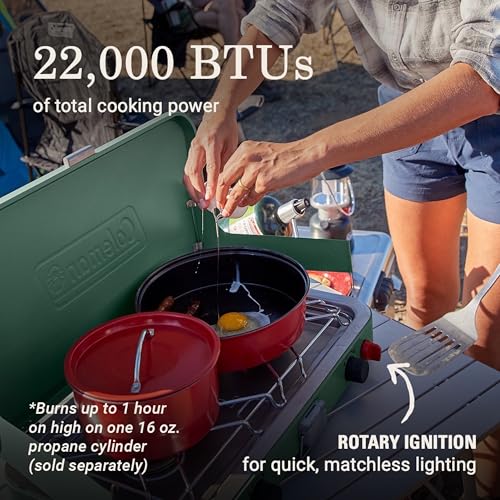 Coleman Cascade 222 2-Burner Camping Stove, Portable Cooktop with 22,000 BTUs, Matchless Lighting, & Dual Wind Guards, Great for Outdoor Cooking, Camping, Tailgating, Grilling, BBQs, & More - size: 2-burner