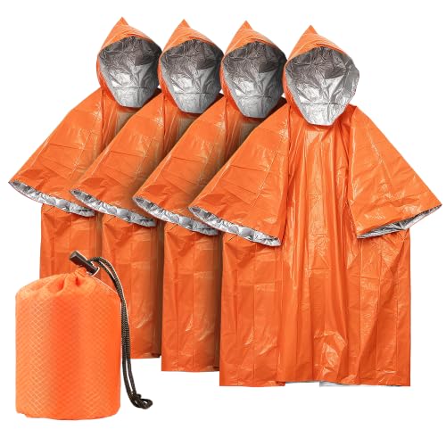 Deecam Emergency Mylar Poncho 4 Pack, Waterproof Windproof Thermal Foil Rain Poncho, Portable Survival Gear for Hiking Camping & Disaster Preparedness