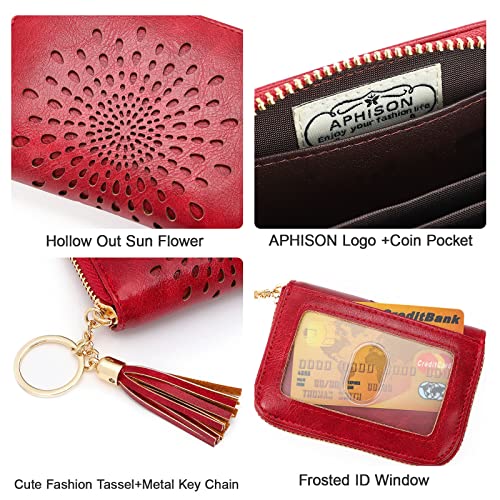 APHISON RFID Credit Card Holder Zipper Card Case Keychain Small Wallet for Women 1927 RED - color: 0-1RED(single zip)