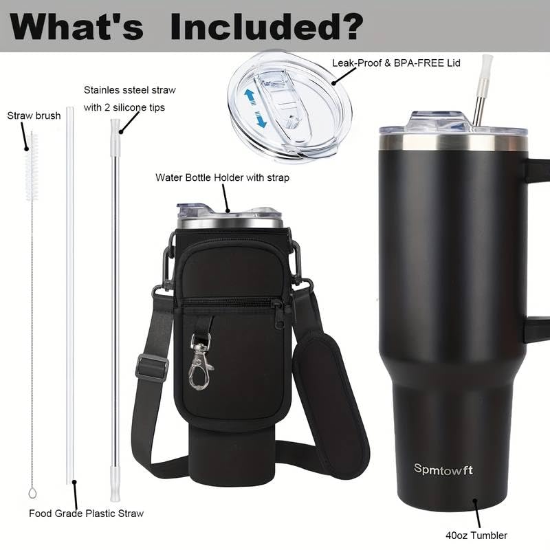 40oz Travel Tumbler with Handle and Straw, Water Bottle with Carrier Bag - color: Pink/blue