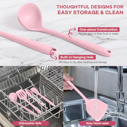 TeamFar Silicone Cooking Utensils, 10 pcs Kitchen Cooking Utensils Set | Heat Resistant Kitchen Gadgets Tools Set w/Spatula, Turners, Spoons, Soup Ladle, Pasta Server for Nonstick Cookware, Pink - color: Pink