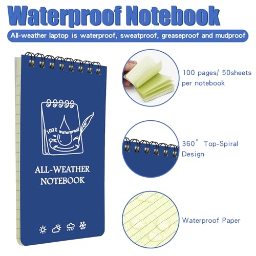 Waterproof Pocket Notebooks with Pens, 3x5 Mini Notepad All Weather Top-Spiral Memo Police Notebook Steno Note Pads for Outdoor Office School (3, Blue) - color: Blue