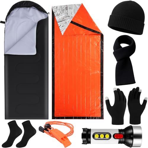 Chicingyou 8 Pcs Portable Emergency Thermal Blanket Camping Sleeping Bag Solar Rechargeable Flashlight Emergency Safety Whistle Gloves Scarf Socks Beanie Set for Camping Hiking Travel Hunting(Orange) - color: Orange