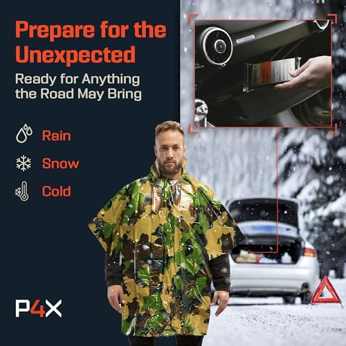 PREPARED4X Emergency Mylar Poncho – Survival Rain Poncho with Hood – Lightweight, Compact, Reusable Emergency Blanket Poncho for Hiking, Camping, Thermal Gear, Car Kit, Outdoors - color: Green Camo 4-pack