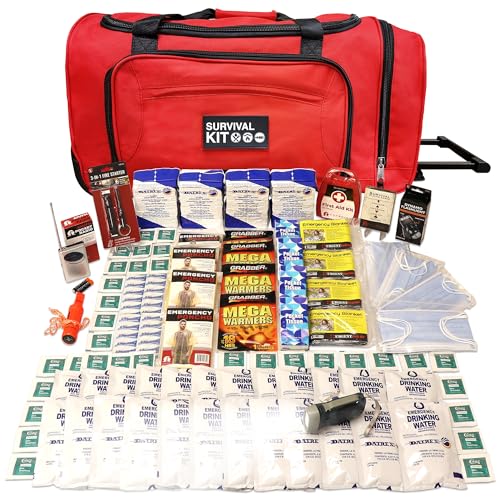 4-Person, 72 Hour Necessity Wheel Bag Survival Kit - Food, Water, Tools | 44 pc First Aid, Emergency Radio, Squeeze Flashlight, Mylar Blankets, Food & Water, Water Purification Tablets, Body Warmers