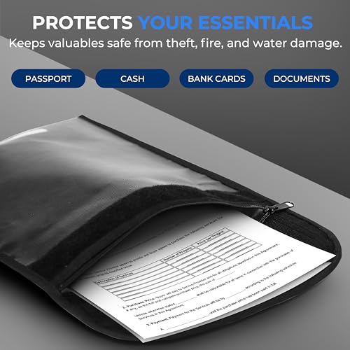 SereneLife Fire & Water Resistant Security Bag | 0.6"x11"x15" IN Fire Resistant Document & Money Bag with Interior Pockets, Durable Design, Ideal for Home, Office, or Travel Use | Black