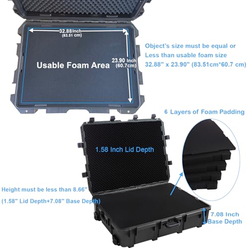 Regetek Waterproof Hard Case 38 x 29 x 11 Inch, Rolling Hard Case with Wheels,Customizable Foam,3 Large Handle, for cameras, Equipment, tool, IP67,Shockproof, Inner 32.8" x23.9" x8.6"