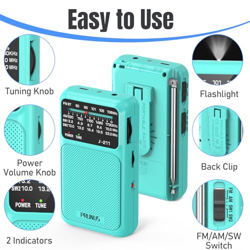 PRUNUS J211 Portable Radio AM FM, USB C Charging and AA Battery Operated - color: Blue