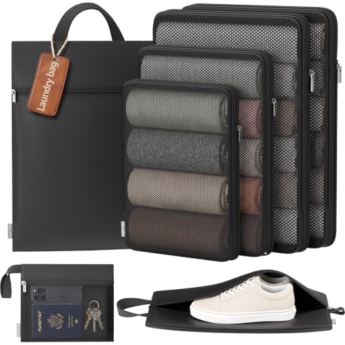 7 Set Compression Packing Cubes for Travel Essentials Luggage, Mesh Collapsible Packing Cubes for 20-22 inch Carry on Suitcase, Expandable Travel Packing Organizers with Shoe Laundry Bag(Black） - color: Black, size: 7 Set (For Carry-On/Medium)