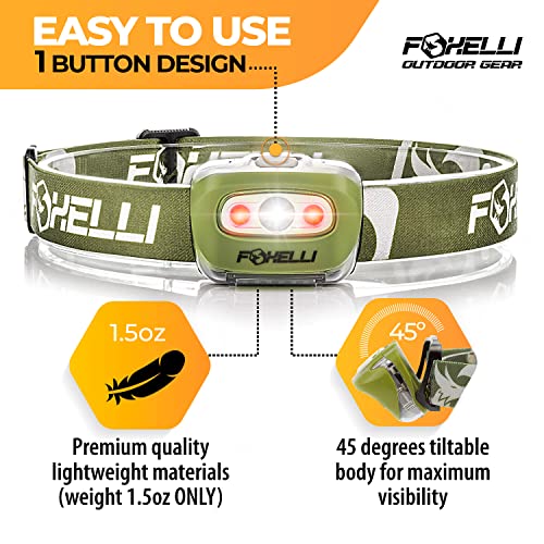 Foxelli LED Headlamp Flashlight for Adults & Kids, Running, Camping, Hiking Head Lamp with White & Red Light, Comfortable Headband, Lightweight & Waterproof, 3 AAA Batteries - color: Khaki