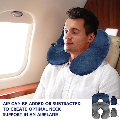 Xtinmee 2Pcs Self-Inflatable Pillow Soft Airplane Travel Pillow with Compact Bag for Long Flight Neck Cushion for Head Support Car Home Office 12.2x11.81x5.91in(Gray, Blue) - color: Gray, Blue