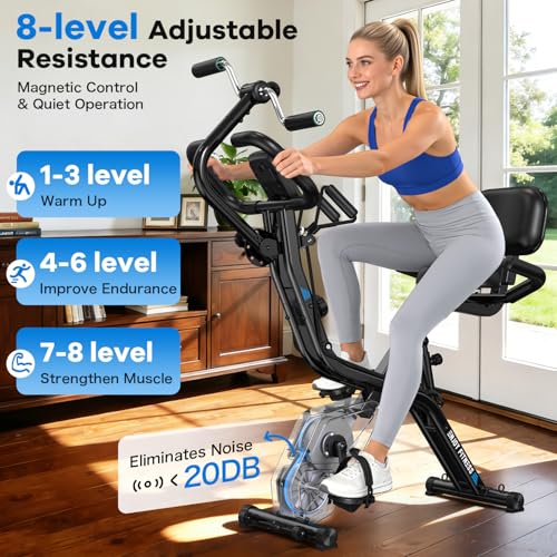 pooboo Folding Magnetic X‑Bike, Upright Exercise Bike for Home Gym | Foldable Indoor Stationary Cycling Bike, 8‑Level Resistance, 6.6 LBS Flywheel, 300 LB Capacity, Back Support Cushion - color: Black