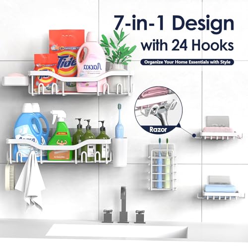 NESOMI Shower Caddy Adhesive Shower Organizer 7-Pack, Rustproof Stainless Steel Bathroom Shelves, Large Capacity No-Drill Rack Storage Accessories with Soap Dish Toothbrush Holder Hooks - color: White, size: 7-Piece Set