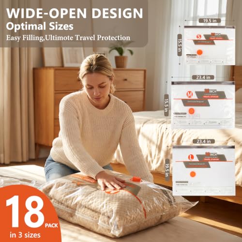 18 Pcs Vacuum Bags for Travel with Rechargeable Air Pump,Space Saver Bags - size: 18 Combo Size (Orange)