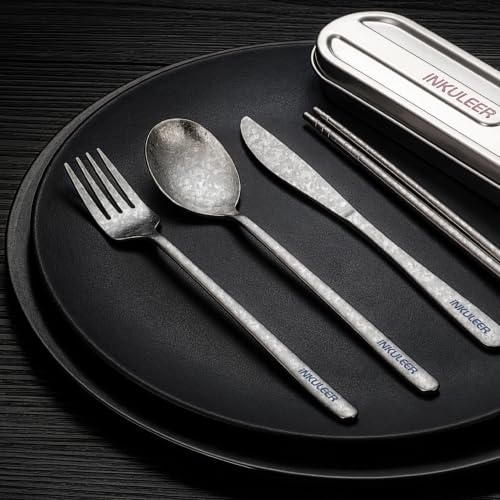 iNKULEER 100% Pure Titanium Travel Cutlery Set | Reusable Utensils with Metal Case | Portable Silverware for Camping, Office, Travel & Outdoor Dining - color: Titanium