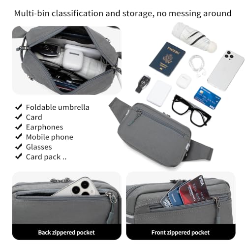 Mini Hiking Waist Bag, 3-Pocket 1.7L RFID Blocking Fanny Pack for Men Women - color: Grey