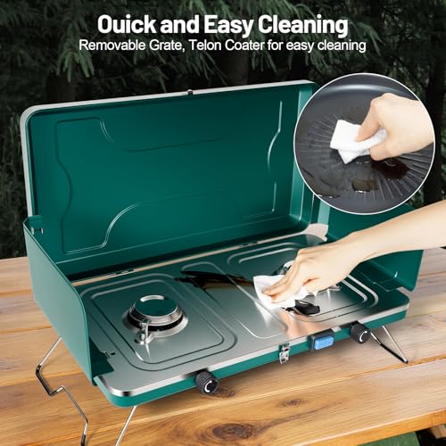 2 Burner Propane Stove, 20000BTU Portable Camping Stove with 2 Adjustable Burner and Wind Guards, Camping Cooktop with Ignition & Griddle for Camping,Tailgating, BBQ, Grilling,Outdoor Gear - color: Deep Green