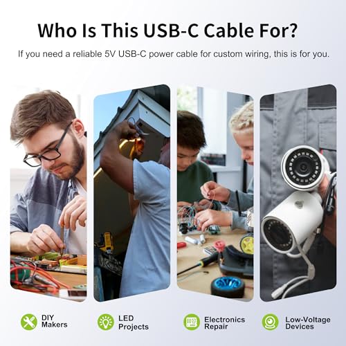 USB-C Power Pigtail to Bare Wire 20AWG 5V 5A Cable 1M 3.3ft 1 Pack