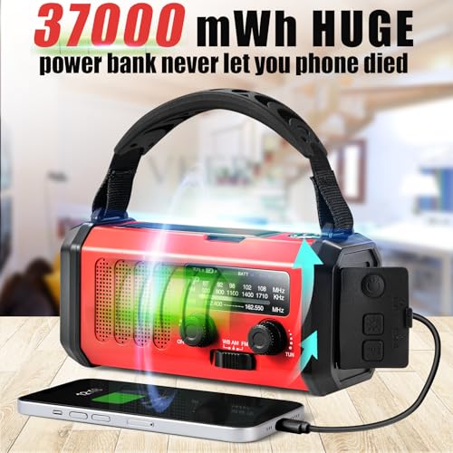 10000mAh Emergency Crank Radio, NOAA/AM/FM Weather Radio, Type-C Charge,Solar Charging,SOS, 3 Modes LED Torch, Reading Lamp, Compass for Outdoor Survival (Red) - color: Red