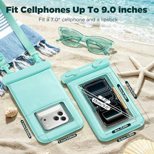 CACOE Floatable Waterproof Phone Pouch 2 Pack Up to 9.0", Black+Green | Floatable, IPX8 Waterproof Phone Case,Adjustable Lanyard,Dry Bags for Beach/Cruise/Travel/Camping/Kayak/Vacation Essentials - color: Black+Green#1, size: Up to 9.0"-Floatable