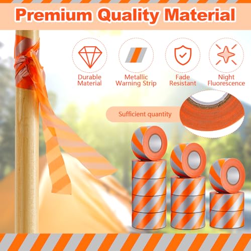 Pushglossy 12 Rolls 1.5" x 1800' Orange Flagging Tape with Silver Stripe | Non Adhesive, Reflective, Plastic Survey Ribbon Surveyor Caution Trail Marking Tape for Tree Mark Hunting Hiking Construction - size: 1.5"x 150'