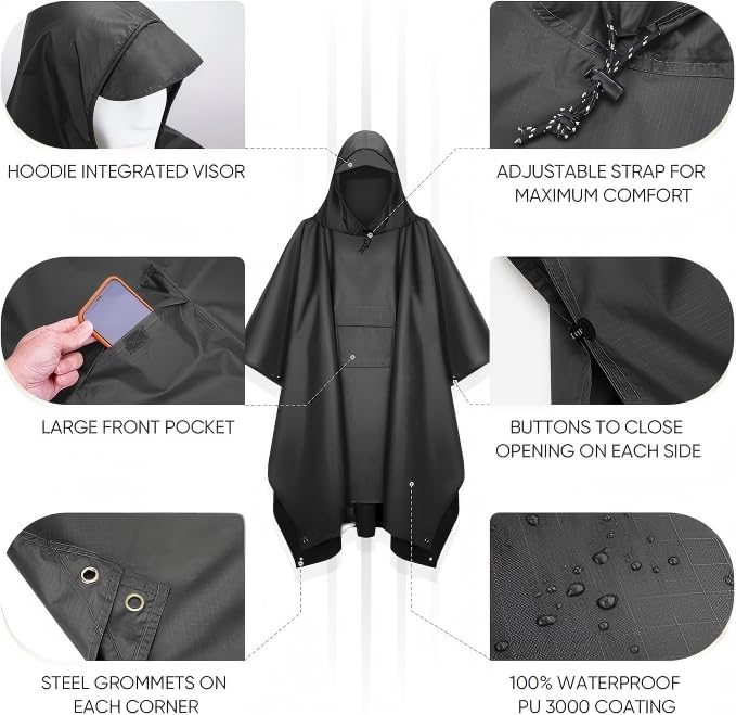Extra Thick Waterproof Hooded Rain Poncho for Adults Lightweight Raincoat Jacket with Pocket for Hiking Camping Emergency - color: Black