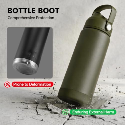 Fijinhom 18 oz Insulated Water Bottle with 2 Lids, Stainless Steel Water Bottles, Double Wall Vacuum, Portable Handle & Non-slip Bottom, BPA Free Leak Proof Metal Bottles, Keep Cold 24H, Green - color: Army Green, size: 18 Ounces