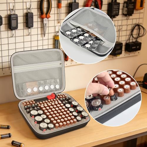 Comecase Battery Organizer Storage Box with Tester, Hard EVA Battery Case Holds 150+ AA AAA C D 9V 3V Lithium Batteries, Compact Battery Holder Carrying Bag for Home Drawer, Garage & Travel, Black - size: Medium 100+Batteries