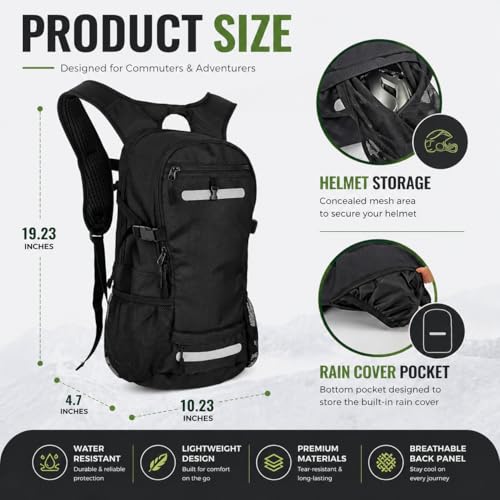 Zavothy 20L Multipurpose Hiking Backpack with 3L Water Bladder – Durable Hydration Backpack with Insulated Bladder Compartment, Hidden Helmet Holder & Rain Cover – for Hiking, Commuting, and Camping - color: Black