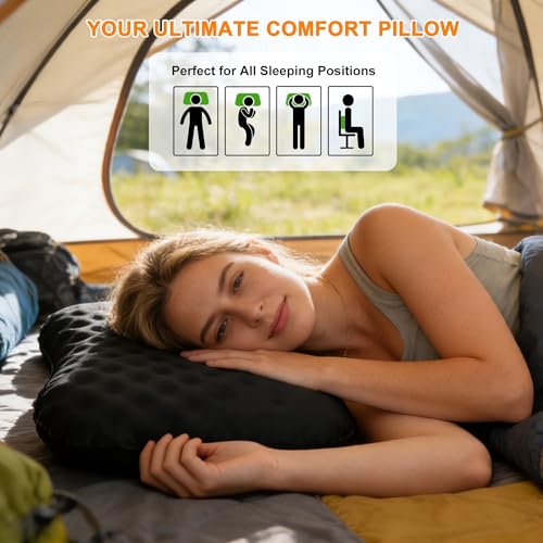 Camping Pillow with Soft Cover, Lightweight Inflatable Pillow for Neck Lumbar Support,Upgrade Backpacking Pillow,Washable Travel Air Pillows for Hiking, Backpacking, Airplane, Beach, Black - color: Black1