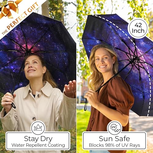 Strongest Windproof Travel Umbrella (Compact, 100MPH Wind-Tested), Light, Portable, One-Handed Use, Automatic Folding Rain Umbrella, Durable, Premium Grip, Fits Car & Backpack - color: 1-pack Milky Way