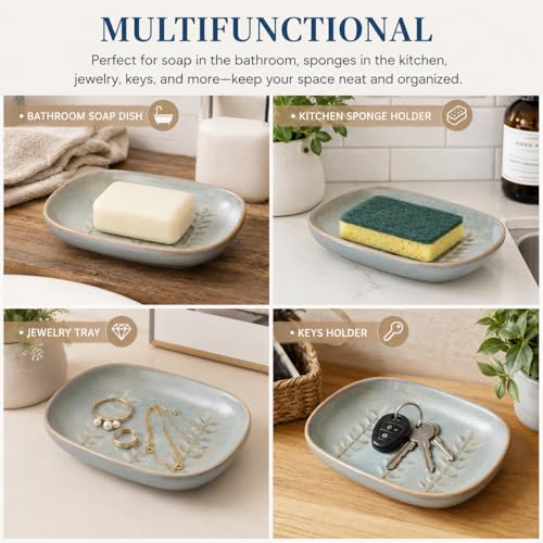 Miamolo Bathroom Soap Dish for Bar Soap, Raised Ridges Keep Soap Dry | Solid Ceramic Soap Holder, Fits Shower, Tub, Kitchen Counter & Vanity | Dishwasher Safe, Vintage Decor, Wedding Gift, Grey - color: Grey, size: Leaf Design