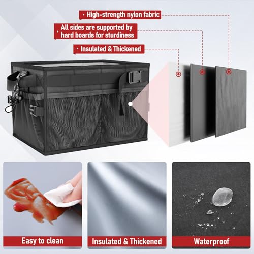 FANGSUN Grill Caddy, Foldable BBQ Caddy with Paper Towel Holder, Black | 11 Compartments, Easy-Clean Aluminum Interior, 1680D Oxford Fabric, Water-Resistant, Shoulder Strap Included, Tailgating - style: Black
