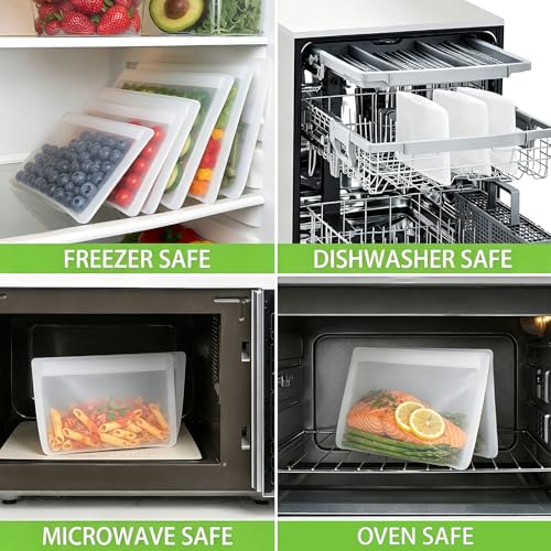 Reusable Sandwich Bags & Snack Bags Set, 8 Pack, 100% Silicone Reusable Storage Bag, Soft Shell Ziplock Silicone Food Storage Containers, Freezer Microwave Oven Dishwasher Safe, Translucent - color: Translucent | S+XS | 8 Pack Flat